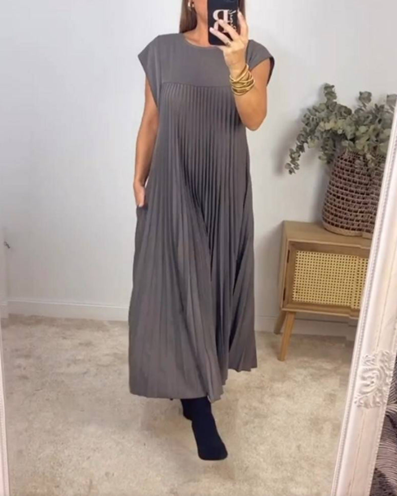 Vireous Sleeveless Pleated Long Dress Round Neck, Multi Colours