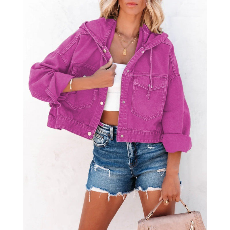 Casual Trend Women's Hooded Washed Denim Jacket, Multi Colours