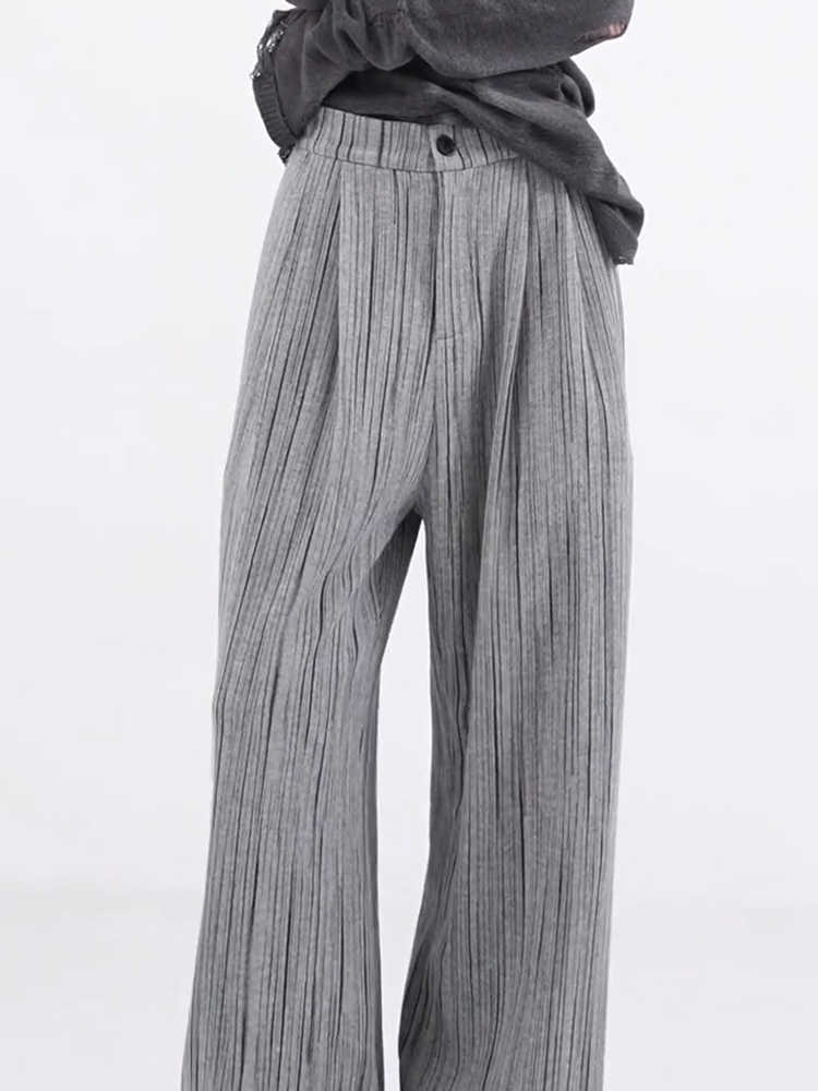 Vireous Ribbed Very Loose Women's Casual Pants, Pleated Mop Wide Leg