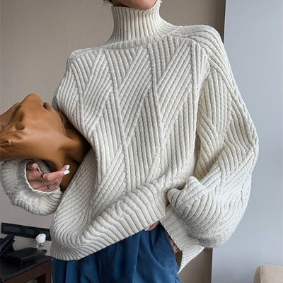 Vireous Geometric-Knit High Turtle Neck Women's Sweater