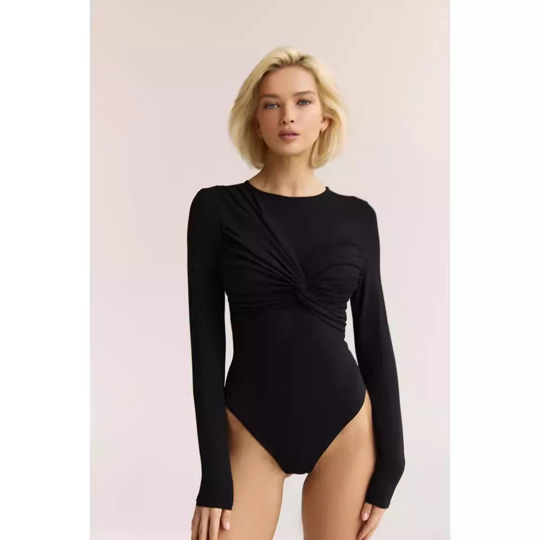 Women's Ruched Round-Neck Long Sleeve Tight Jumpsuit