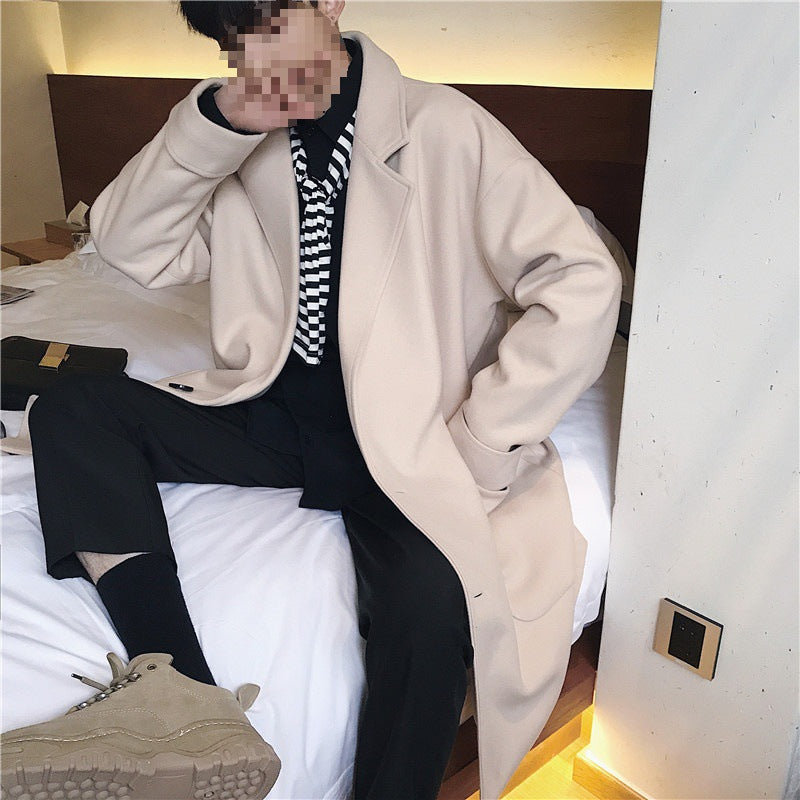 Vireous Men's Avant Garde Casual Mid-Length Wool Coat in Beige