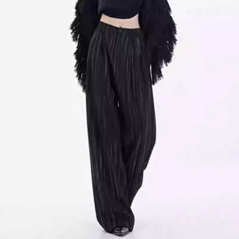 Vireous Ribbed Very Loose Women's Casual Pants, Pleated Mop Wide Leg