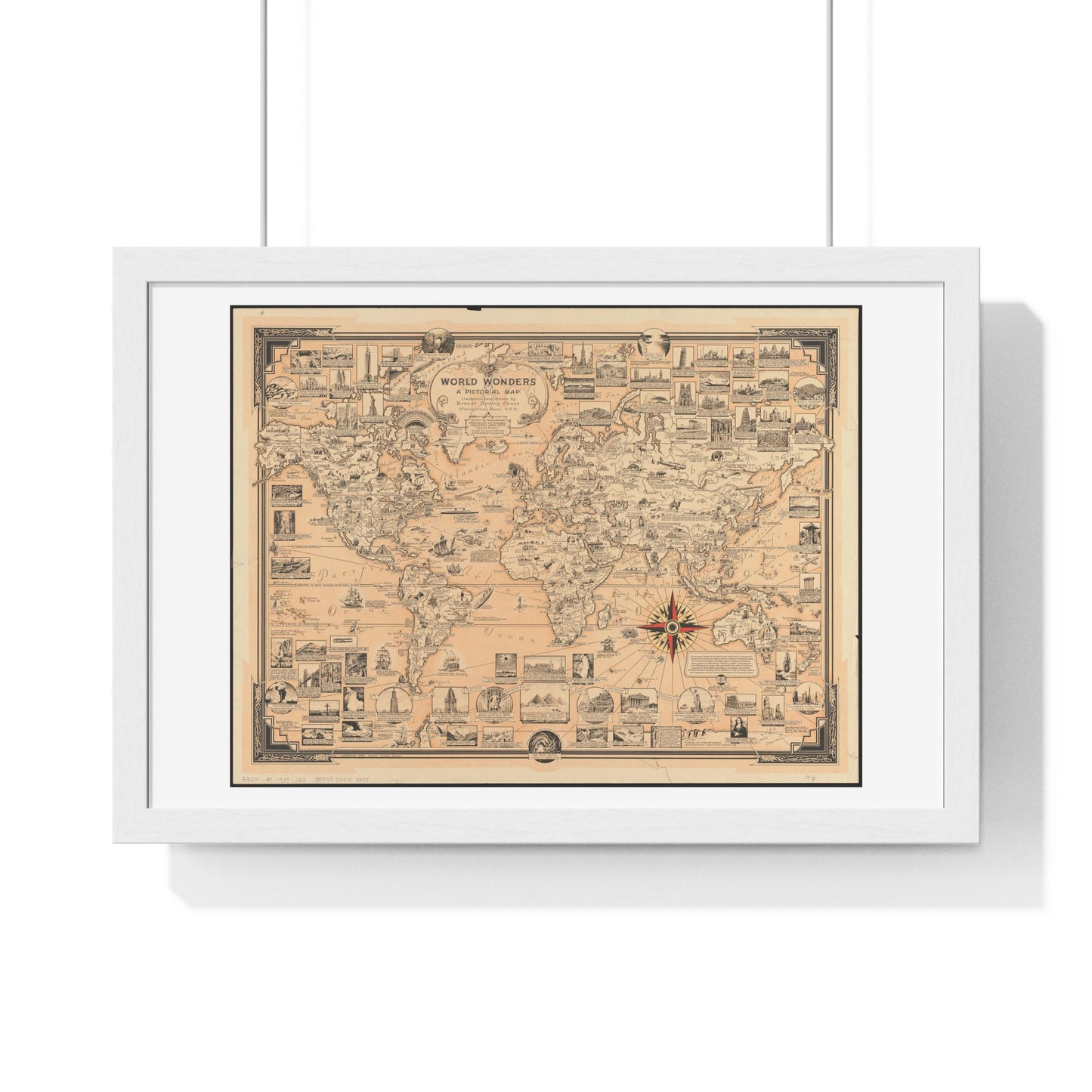 World Wonders, Pictorial Map of the World (1939) by Ernest Dudley Chase, from the Original, Framed Art Print