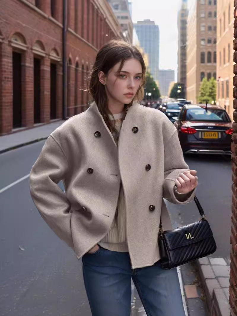 Vireous Women's Solid Colour Woollen Coat, British-Style Minimalist Short Coat