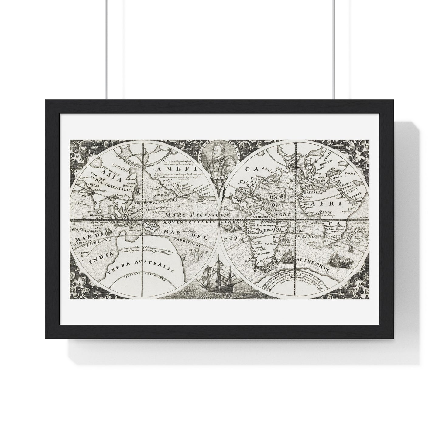 Antique Map from the Grand Voyages to the New World (1596) by Theodor de Bry from the Original, Framed Art Print