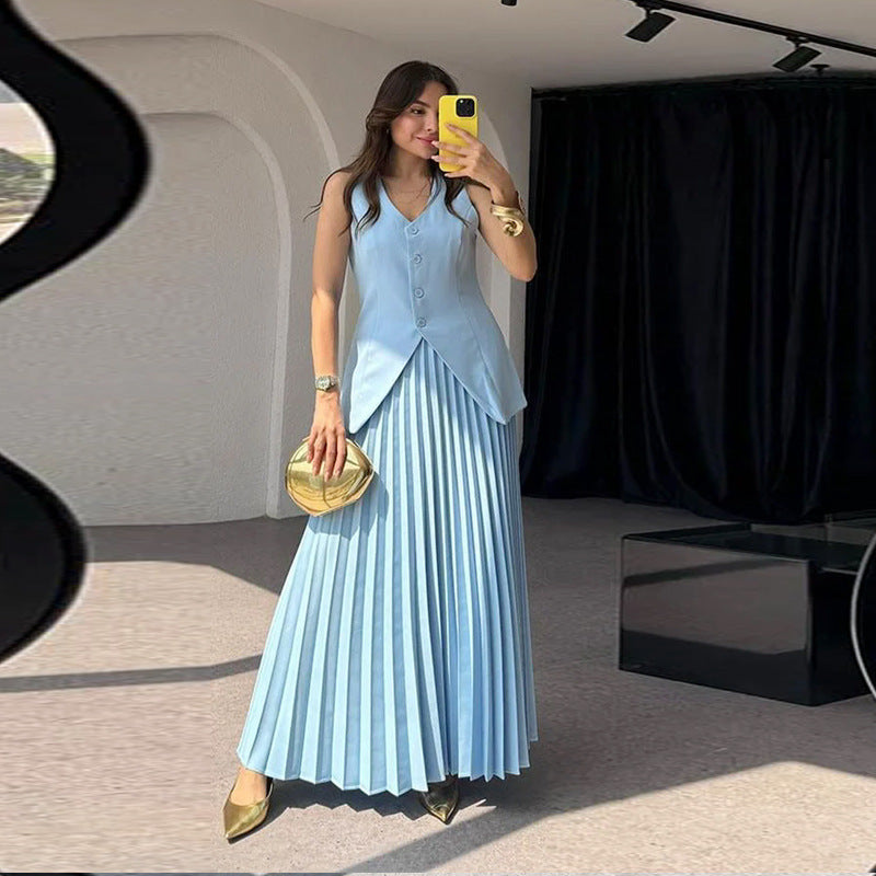 Vireous Tailored Pleated Dress, Elegant Women's Two-Piece Suit