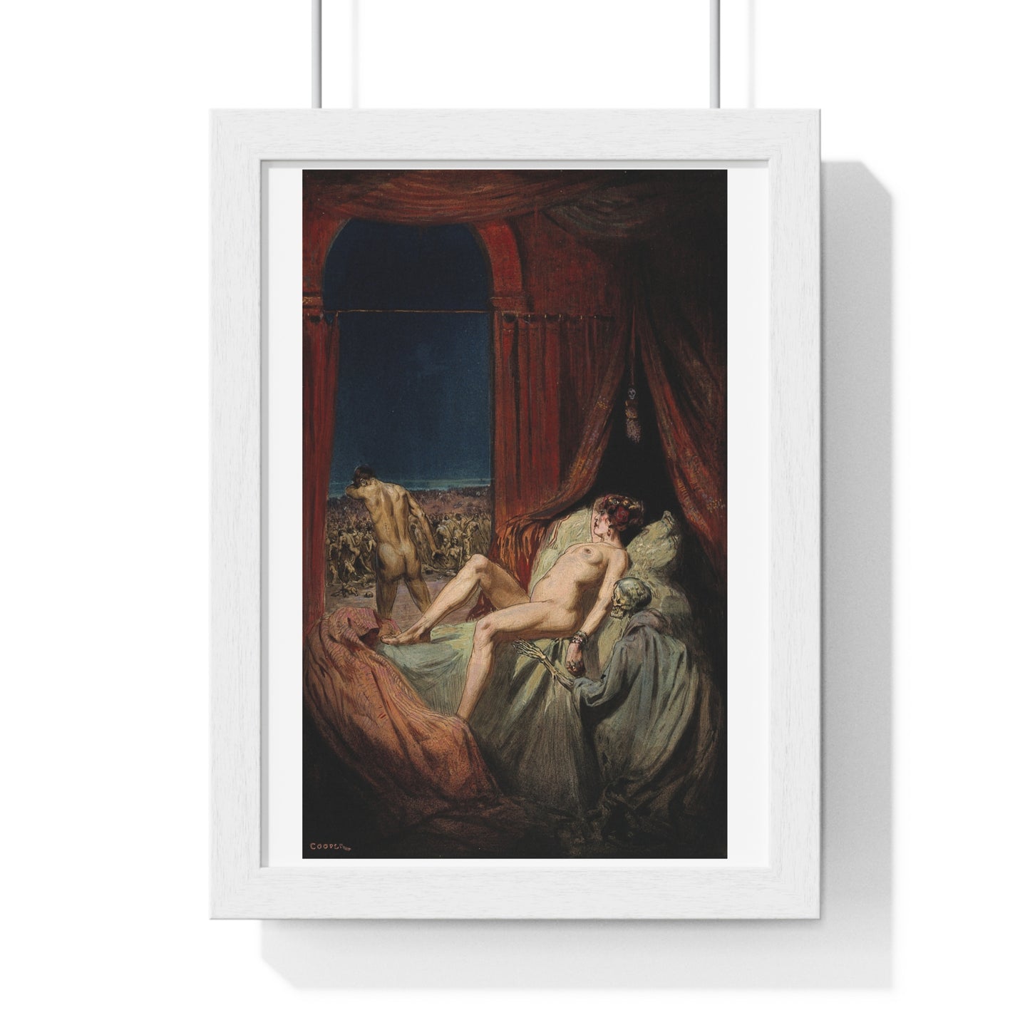 A Provocative Naked Young Woman Lying on a Bed, Death Sits at Her Side Representing Syphilis (1912) Framed Art Print
