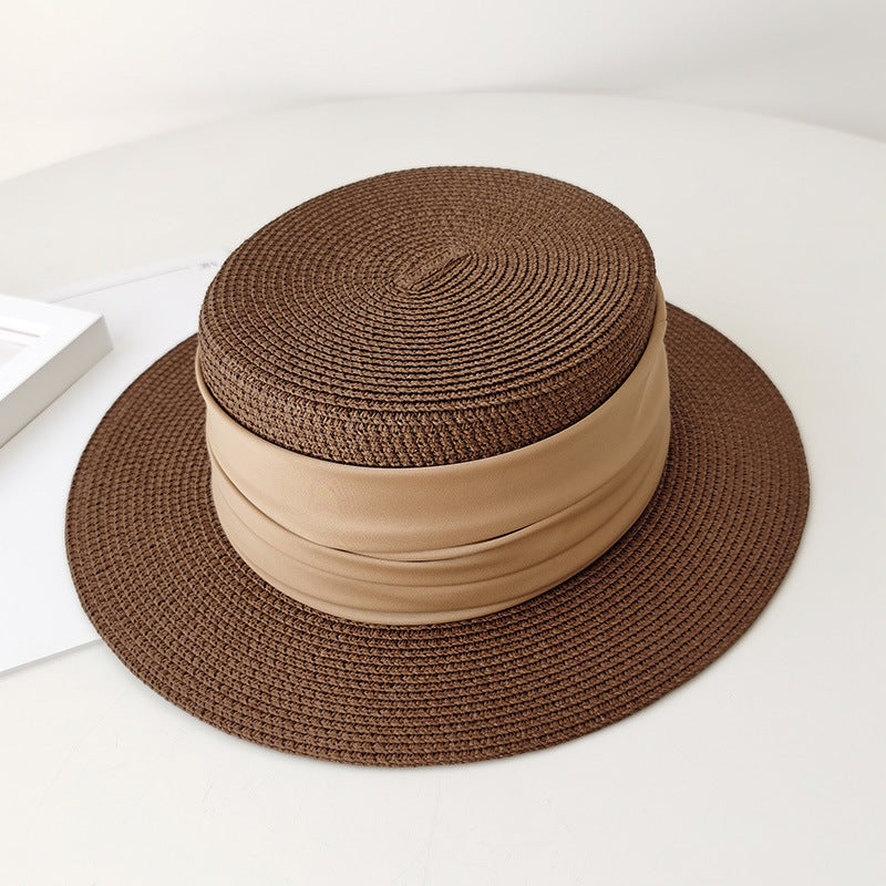 Flat Straw Hat, Women's French Woven 'Top Hat', Seaside Summer Travel Brimmed Hat