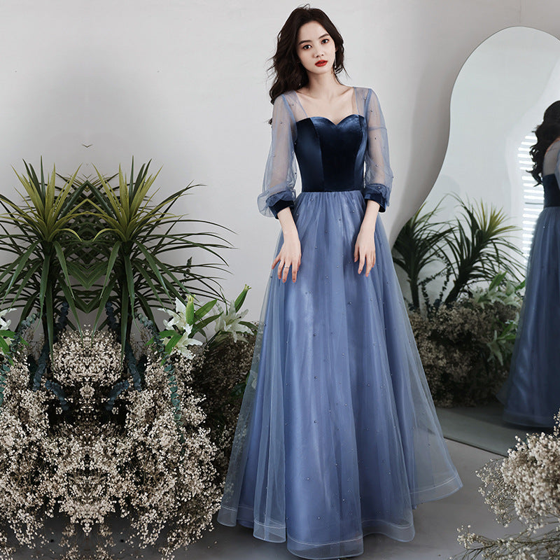 Vireous Velvet, Mesh Sleeves Long Birthday Party Dress