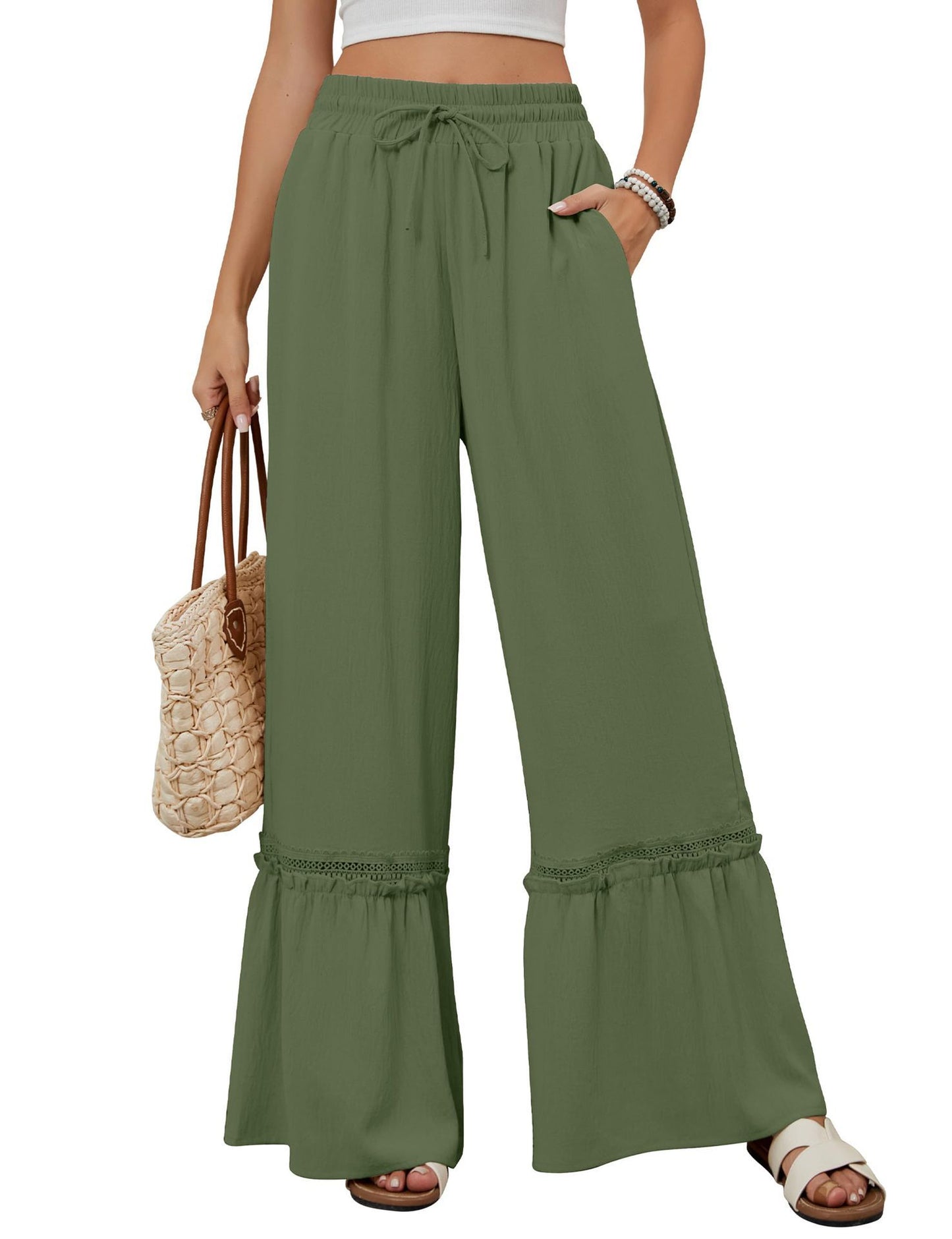 High-Waist Casual Pants, Women's Drawstring Wide-Leg Trousers