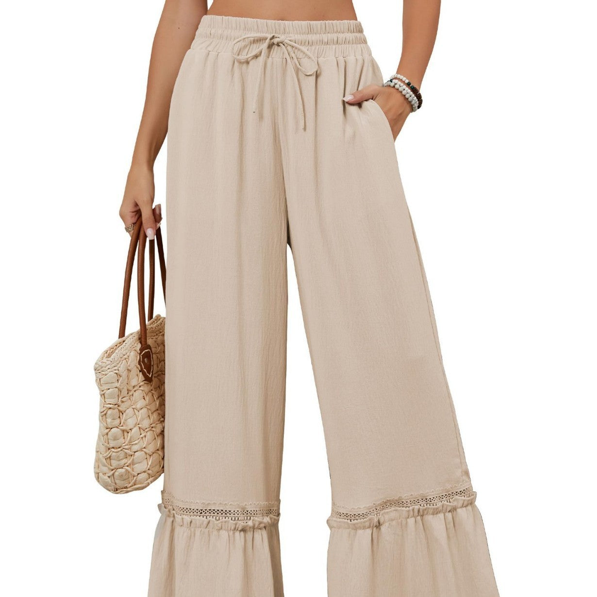 High-Waist Casual Pants, Women's Drawstring Wide-Leg Trousers