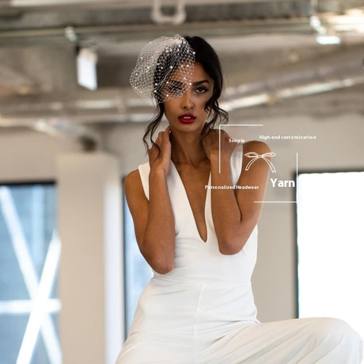 Summer Wedding Pearl Veil Mesh Headpiece
