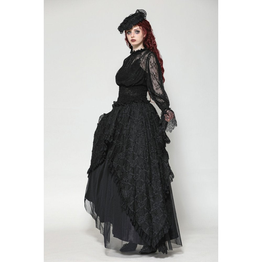 Dark in Love Aoife Black Hollow Lace Elastic Pleated-Waist Eyelash Lace Cuff Top