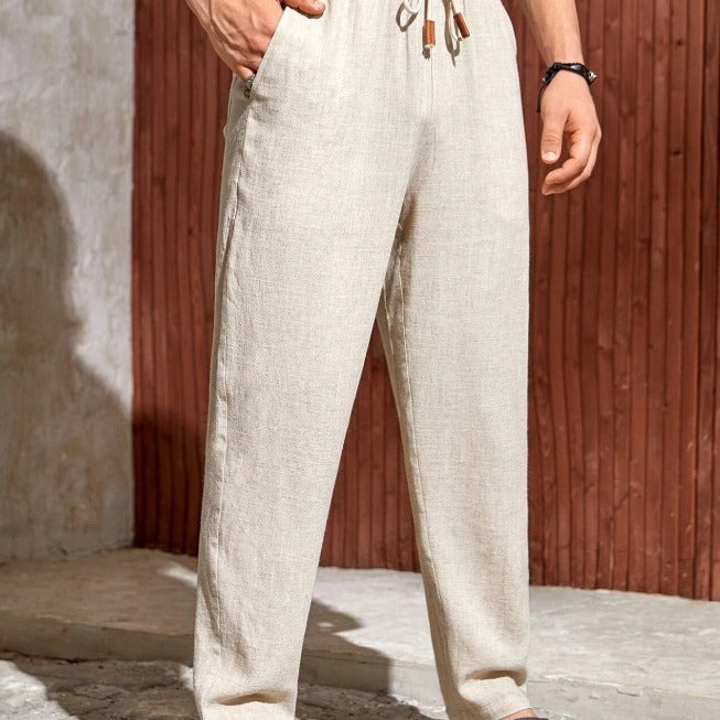 Vireous Men's Casual Cotton and Linen Drawstring Trousers