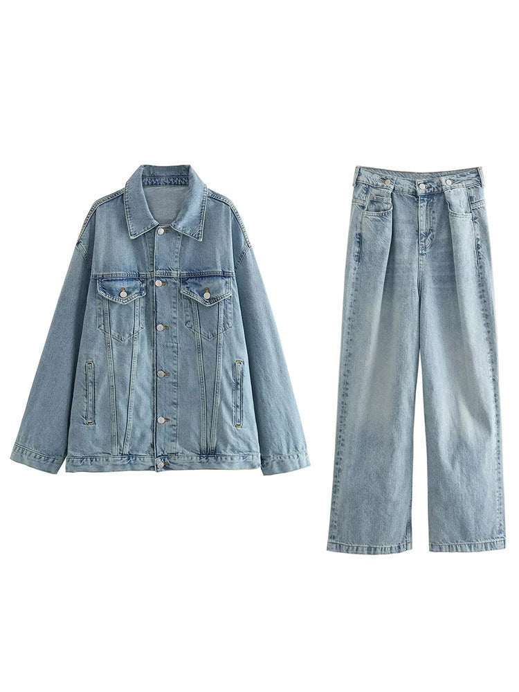 Retro Collar Women's Denim Jacket Coat Set with Pants