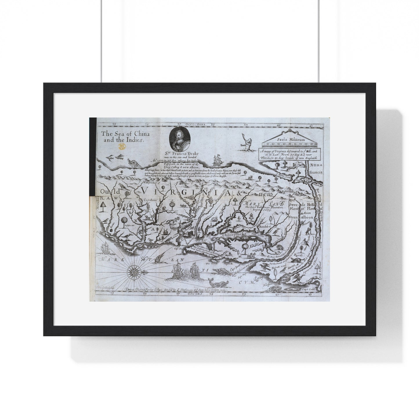 Antique Map of Virginia 'The Discovery of New Brittaine' (1651) from the Original Drake Manuscript, Framed Print