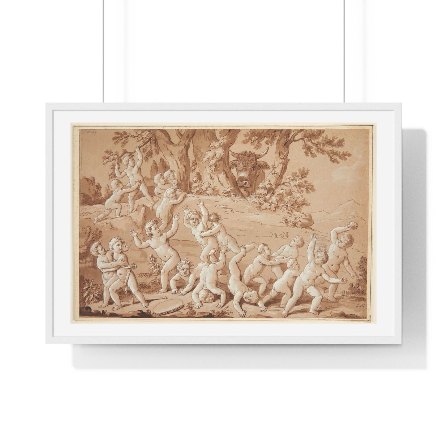 Putti Flees from a Bull, by Conrad Martin Metz, from the Original, Framed Art Print