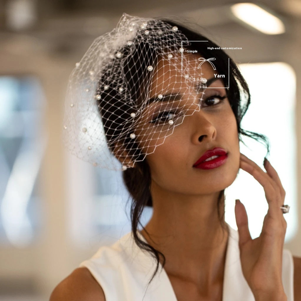 Summer Wedding Pearl Veil Mesh Headpiece
