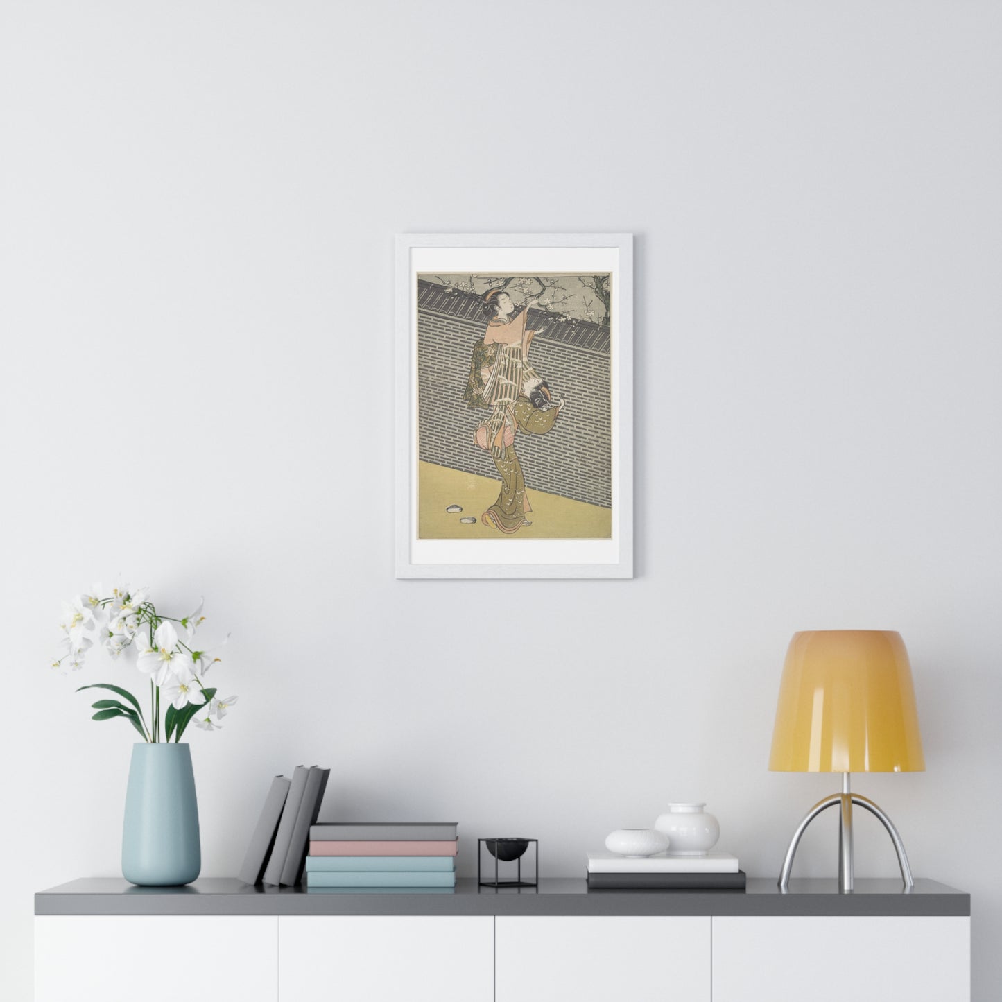 Plucking a Branch from a Neighbour's Plum Tree (1768) Japanese Illustration by Suzuki Harunobu, from the Original, Framed Print