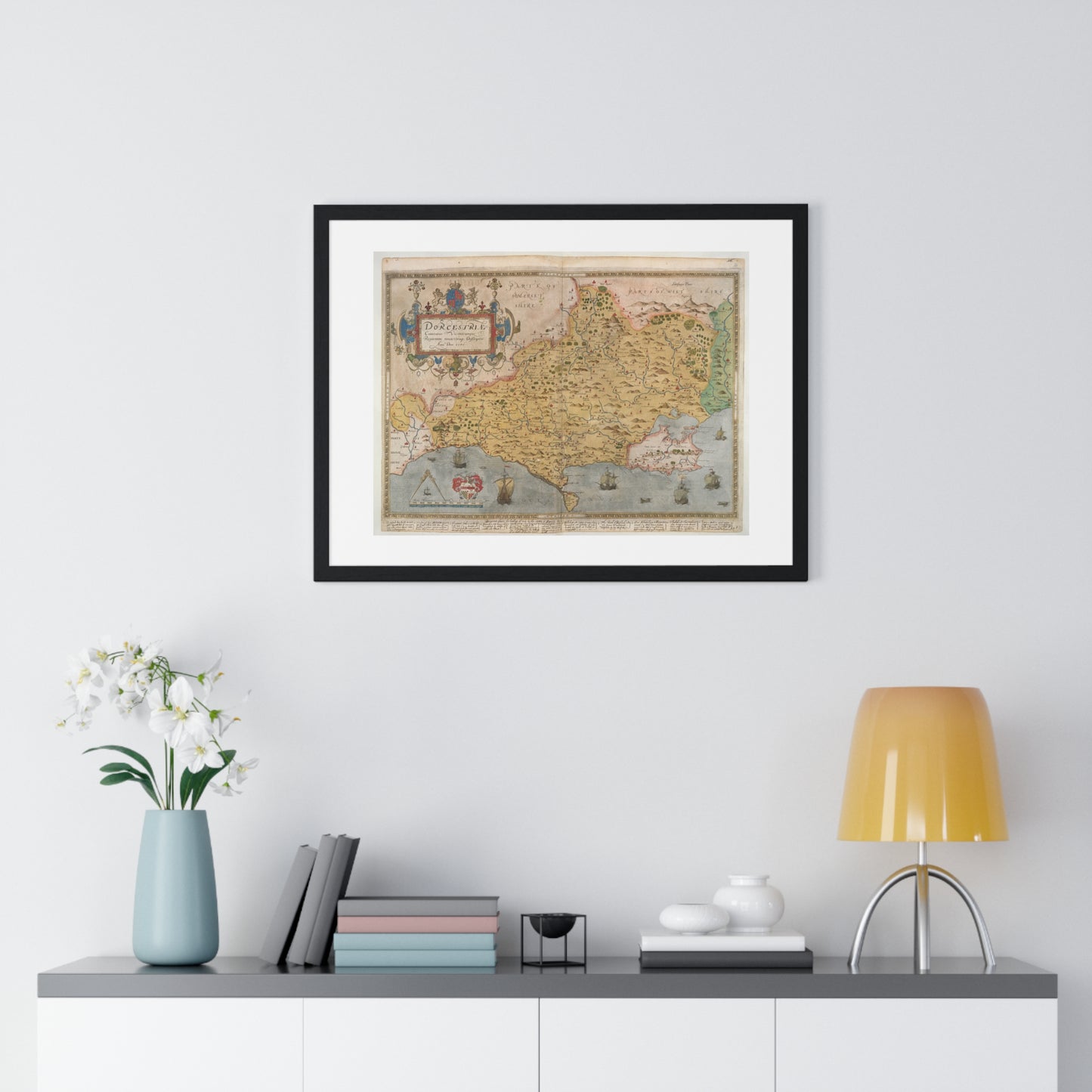 Tudor Antique Map of Dorset from Lord Burghley's Atlas (1579) from the Original, Framed Print