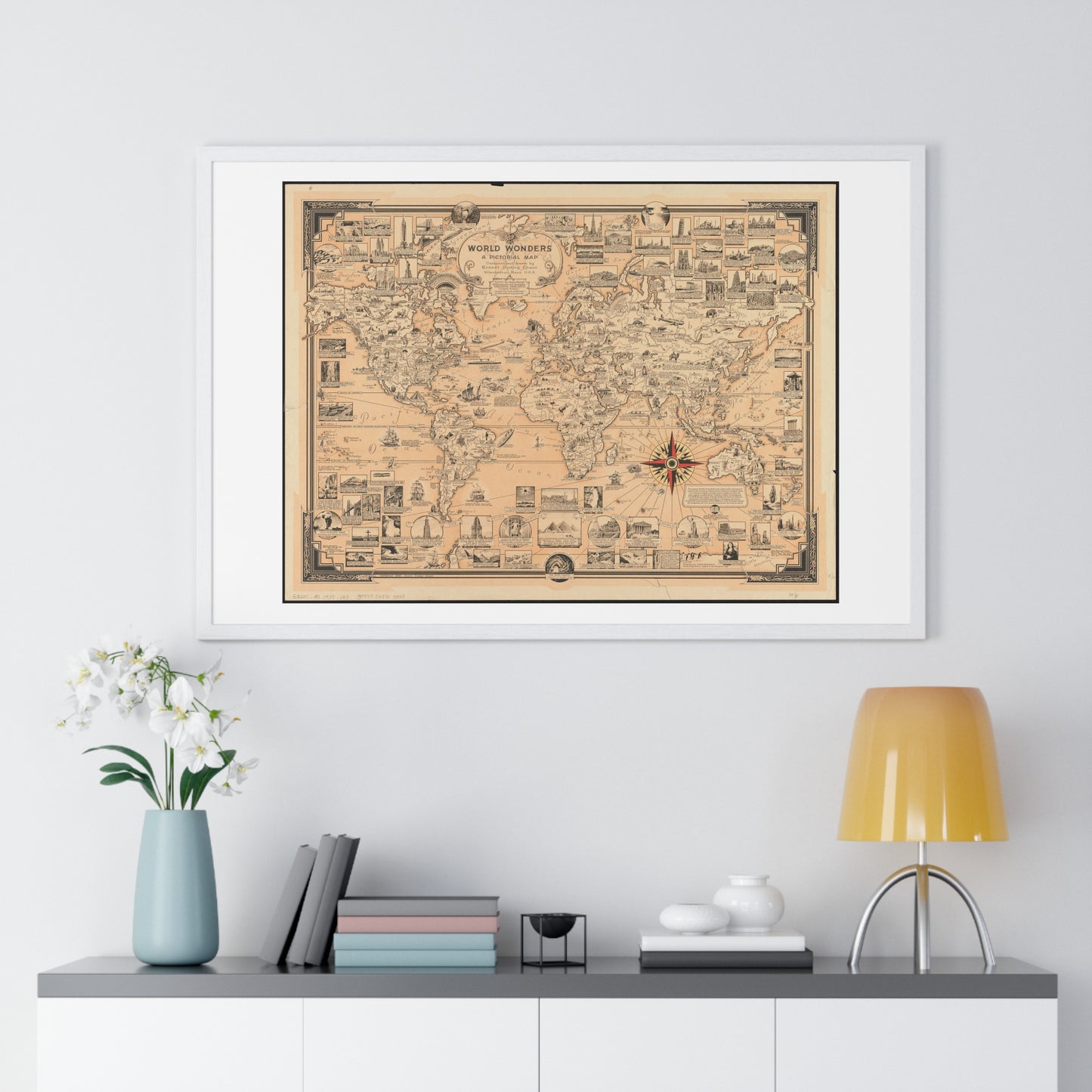 World Wonders, Pictorial Map of the World (1939) by Ernest Dudley Chase, from the Original, Framed Art Print