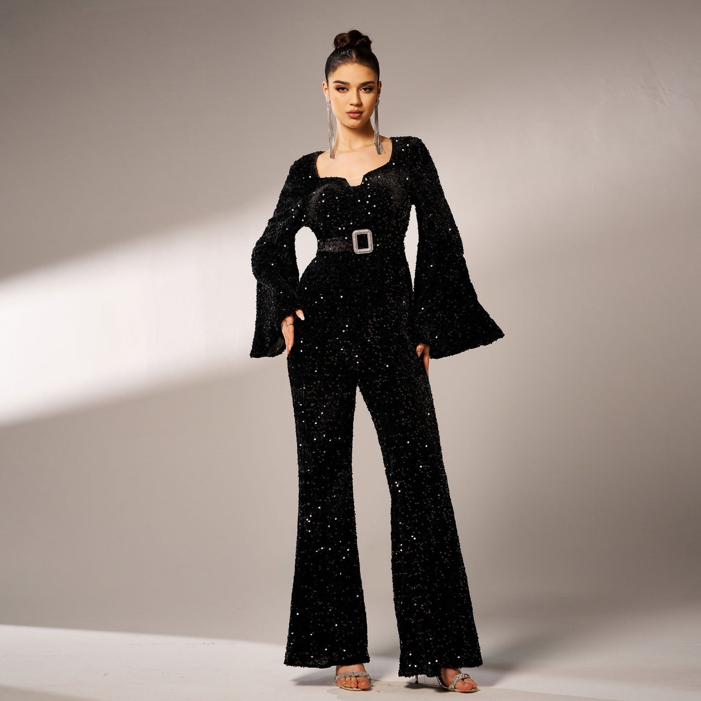 Long Sleeve Square-Neck Sheath Evening Sequined Jumpsuit