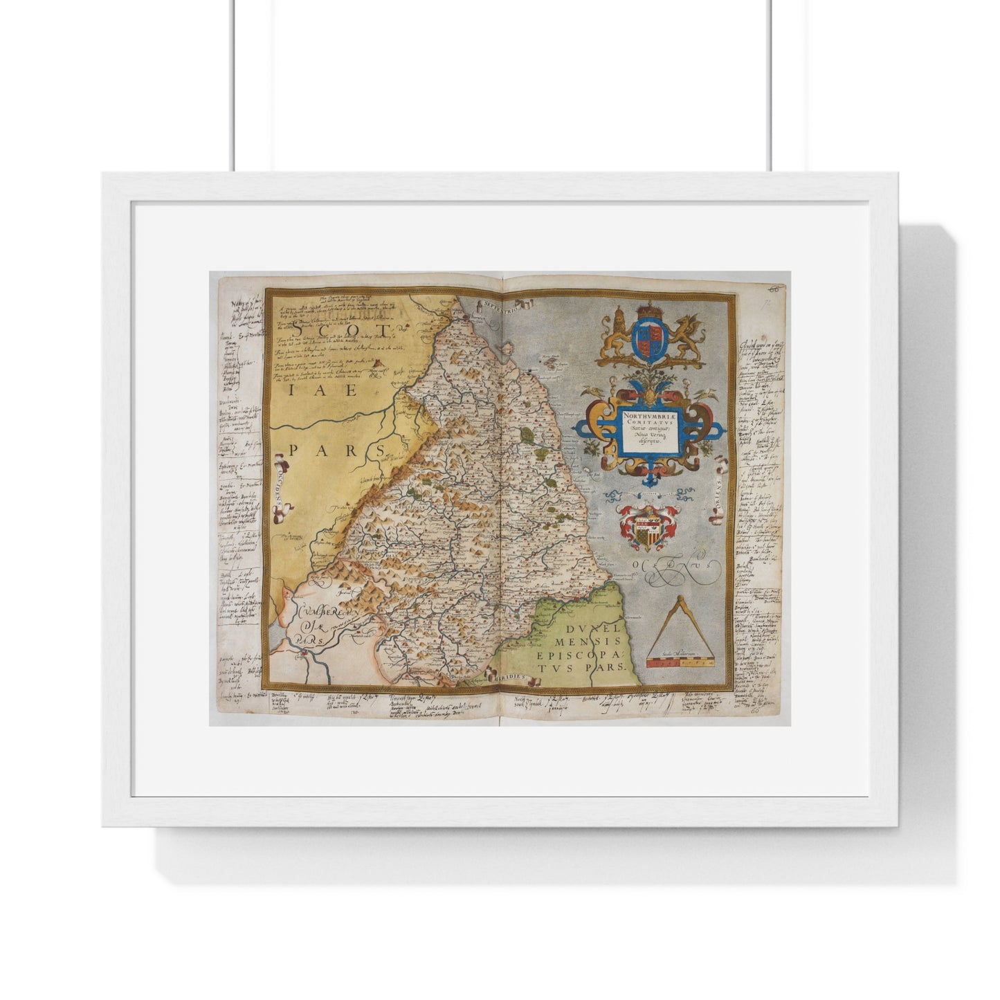 Tudor Antique Map of Northumberland from Lord Burghley's Atlas (1579) from the Original, Framed Print