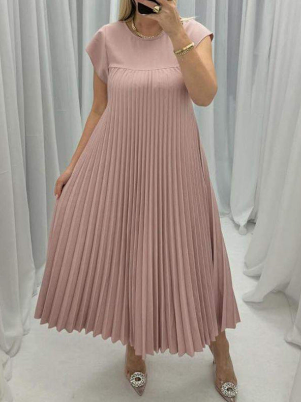Vireous Sleeveless Pleated Long Dress Round Neck, Multi Colours