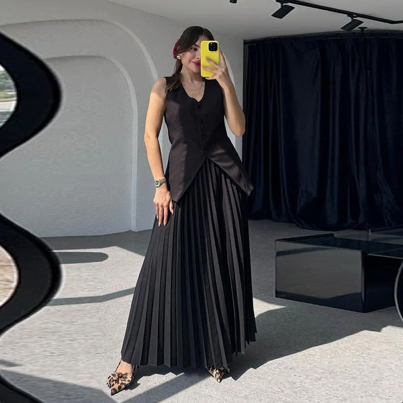 Vireous Tailored Pleated Dress, Elegant Women's Two-Piece Suit