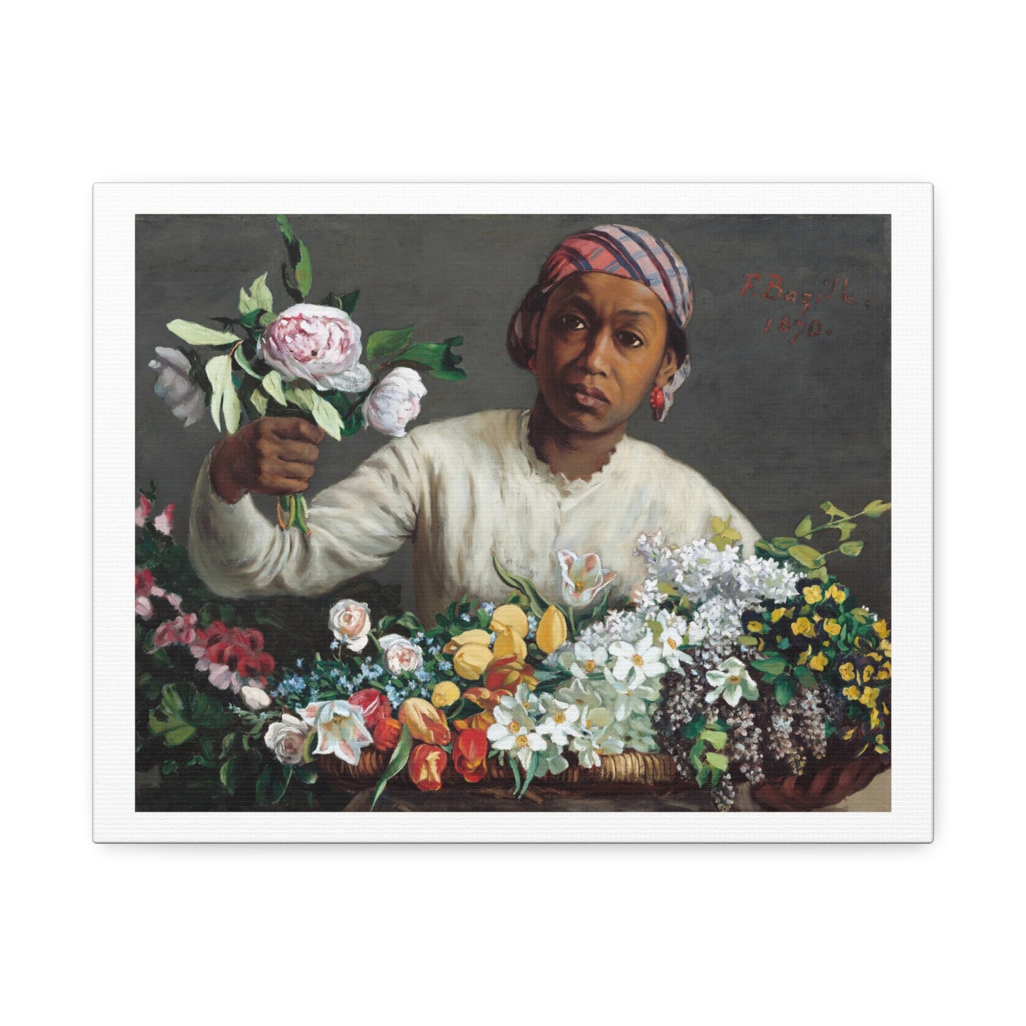 Young Woman with Peonies (1870) by Frédéric Bazille from the Original, Art Print on Canvas