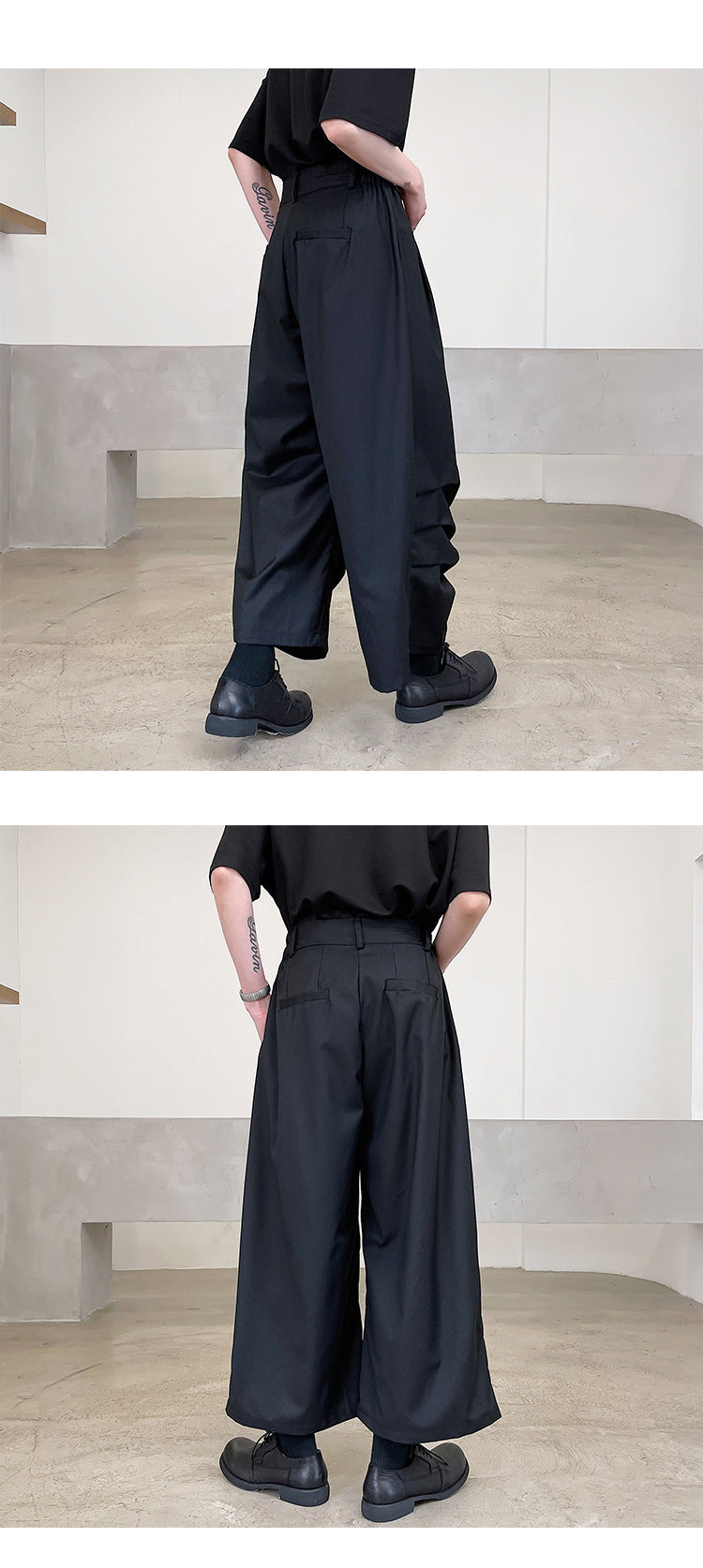 High Street Trendy, Dark Pleated Cropped Stage Wear Casual Unisex Pants