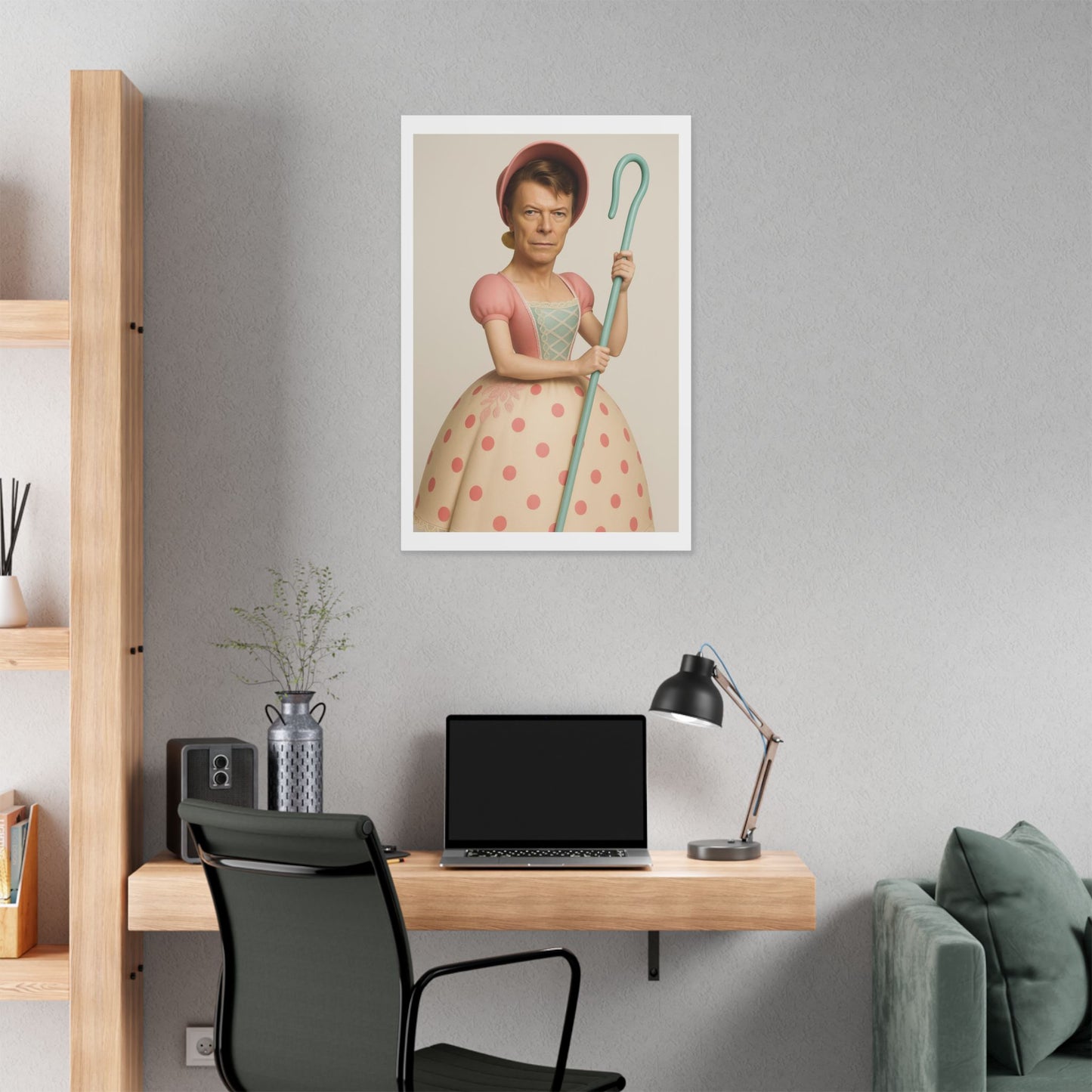 Little Bowie Peep, Absurdist Art 'Designed by AI' Satin Canvas Print