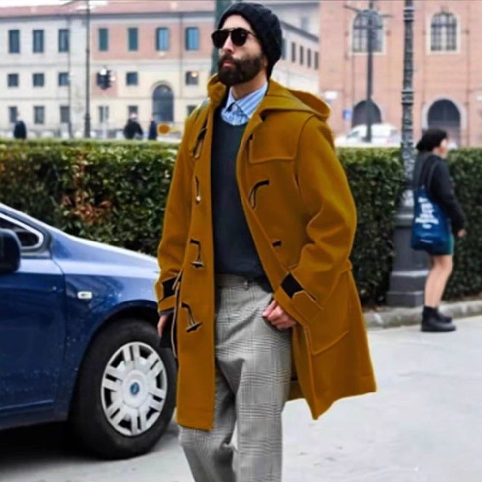 Classic Retro Horn-Button Hooded Woollen Men's Duffel Coat