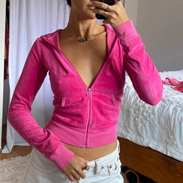 Women's Velvet Full-Zip Crop Top Retro Hoodie