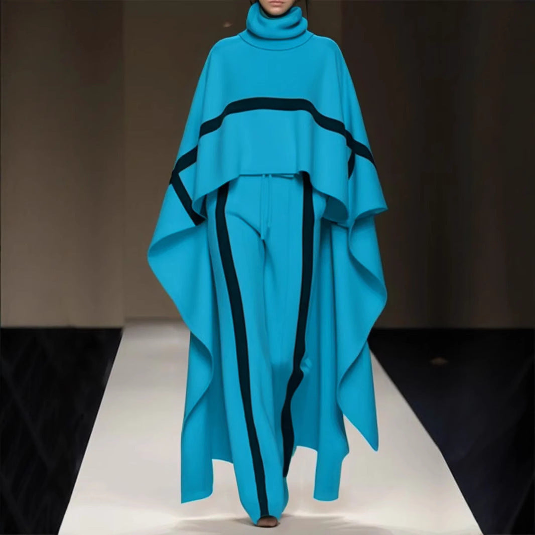 Loose Shawl Women's Cloak Turtleneck Pants Suit, Plus Sizes