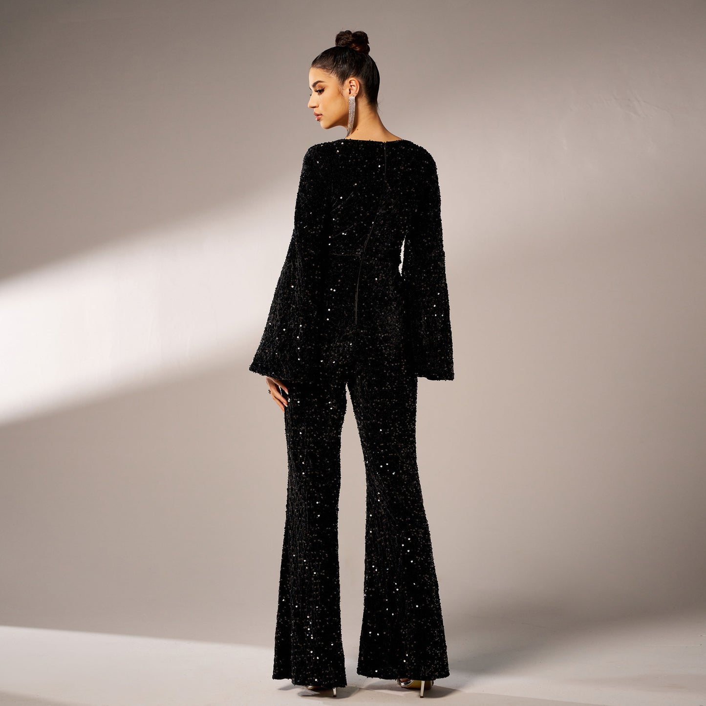 Long Sleeve Square-Neck Sheath Evening Sequined Jumpsuit