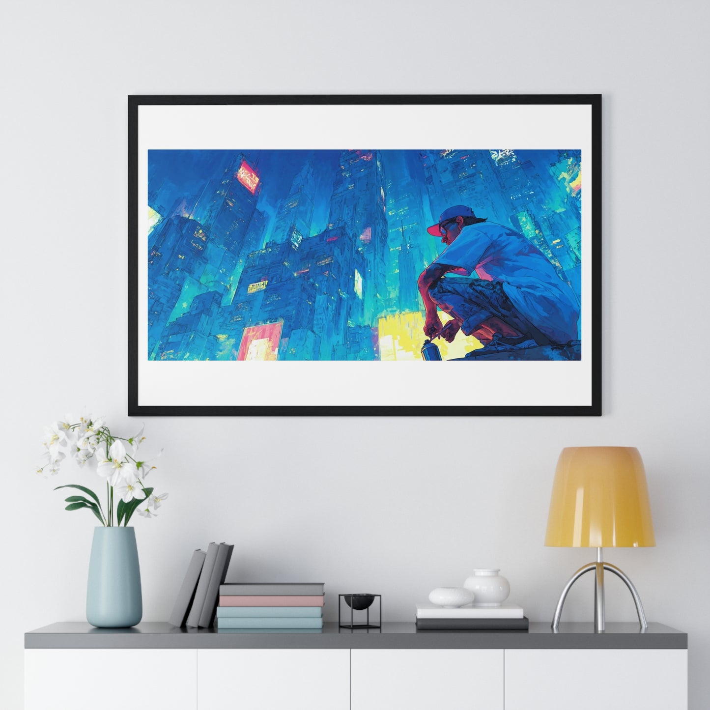 Cosmic Cityscape at Sunset 'Designed by AI', Framed Art Print