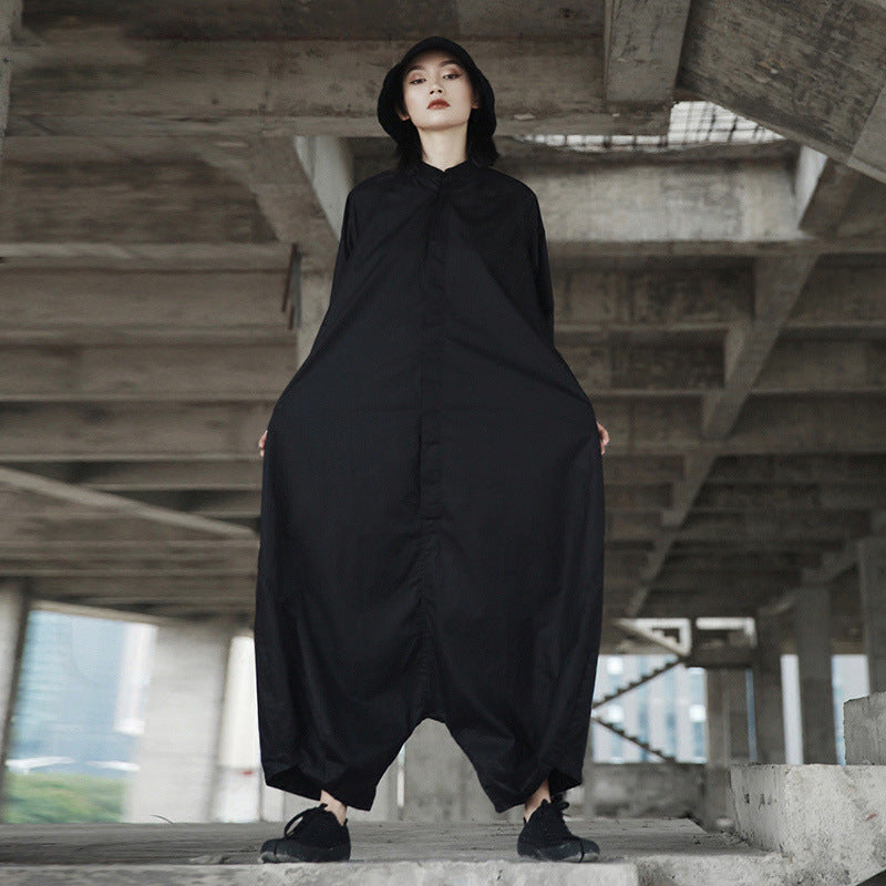 Minimalist Black Jumpsuit, Women's Loose Batwing Sleeve Pants Suit