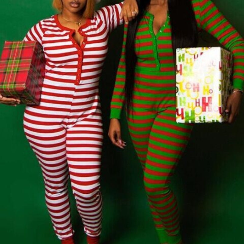 Vibrant Striped Homewear Rompers, Long Sleeve Jumpsuit