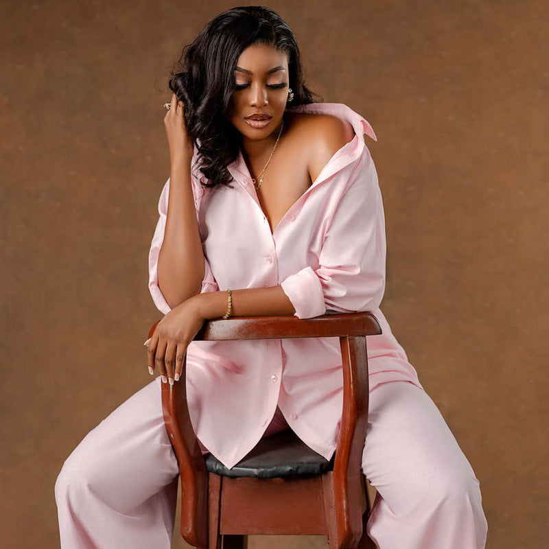 Vireous Long-Sleeve Shirt and Wide-Leg Pants Casual Loose Two-Piece Suit