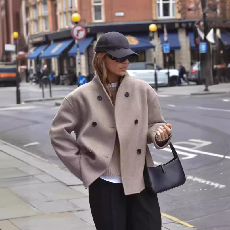 Vireous Women's Solid Colour Woollen Coat, British-Style Minimalist Short Coat