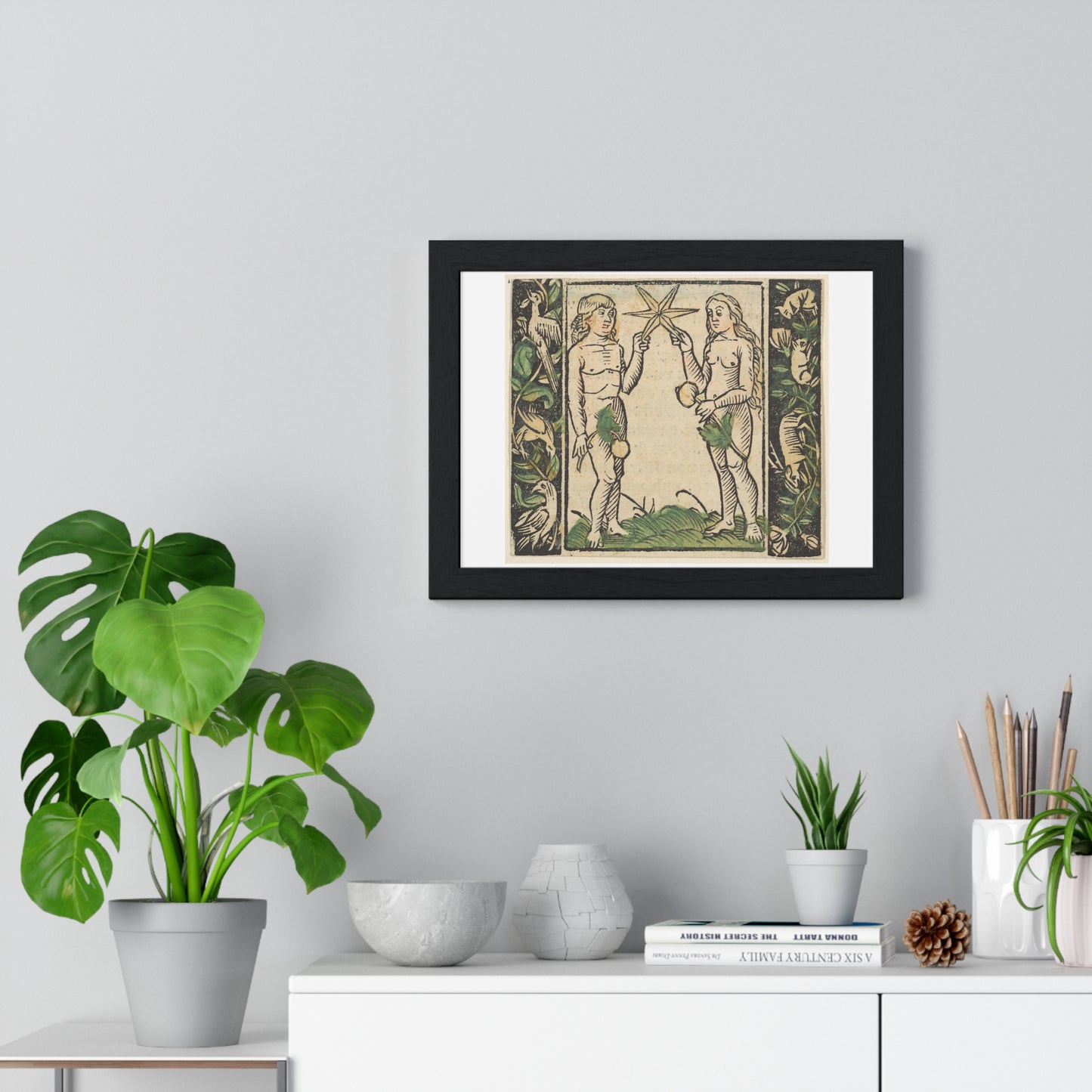 Adam and Eve Holding a Star, Illustration from 'Beschlossen Gart des Rosenkranz Mariae' by Hans Baldung, from the Original, Framed Art Print