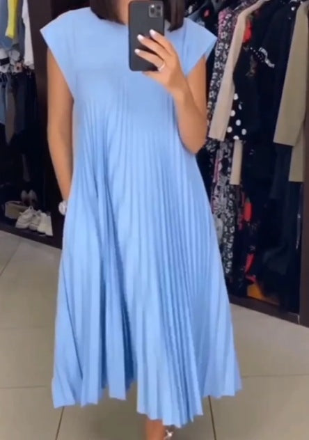 Vireous Sleeveless Pleated Long Dress Round Neck, Multi Colours