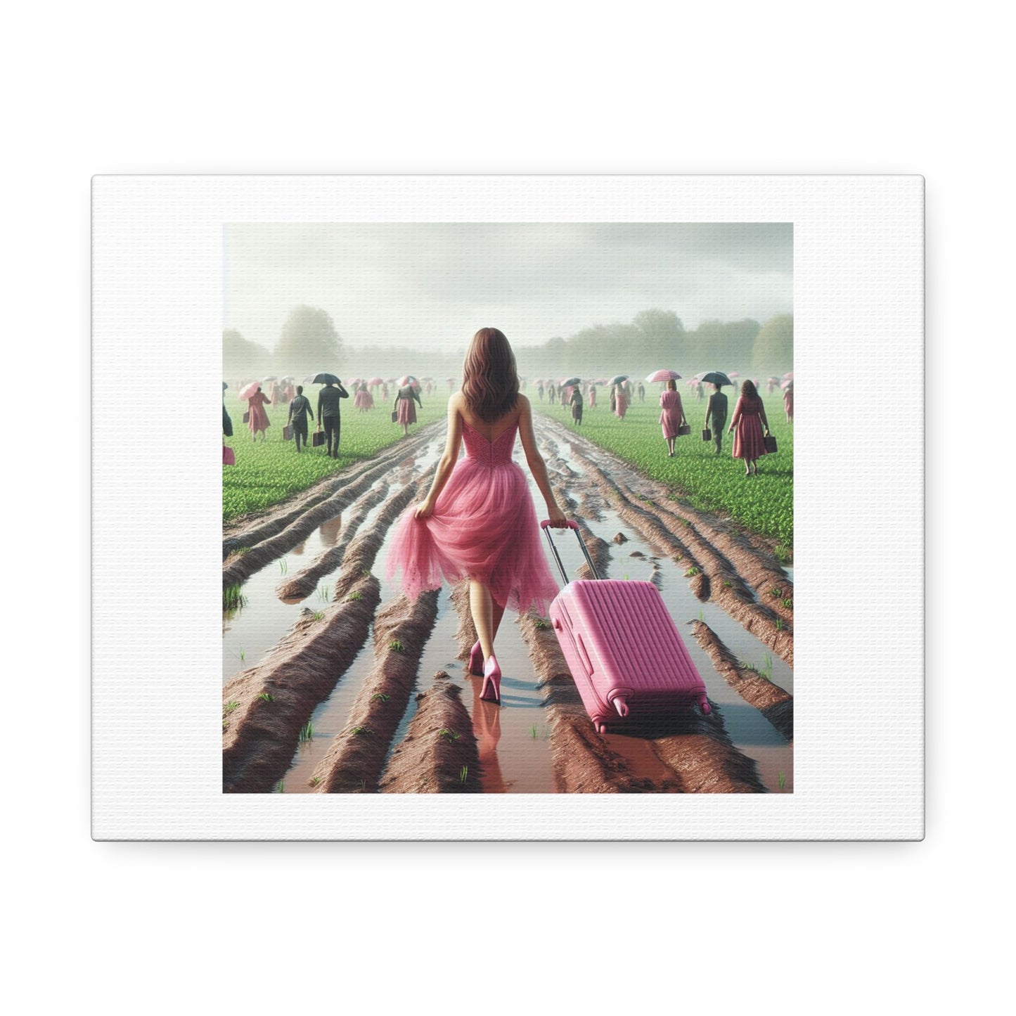 Woman in Pink Dress with Pink Luggage Walks Through the Muddy Field of Life 'Designed by AI' on Satin Canvas