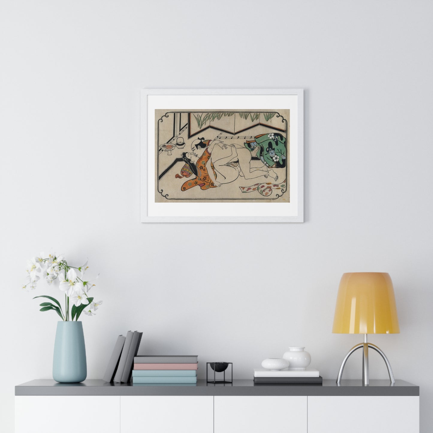 Middle-Aged Couple Making Love, Coloured Reproduction of a Woodcut by Moronobu (1680s) Framed Art Print