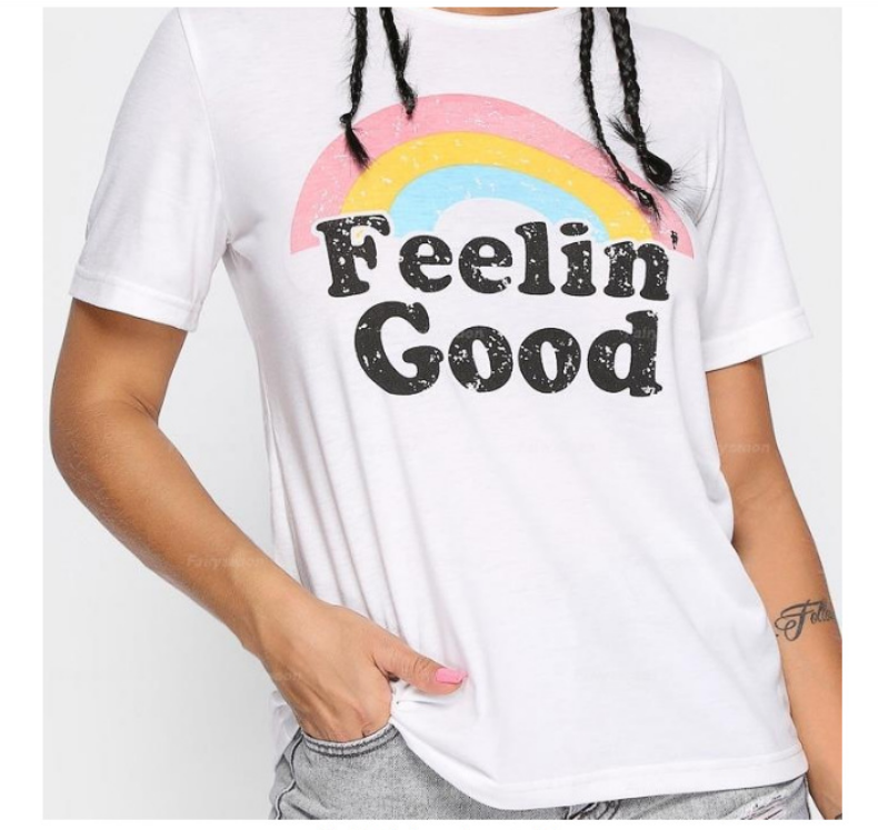 Feelin' Good White T-Shirt, Rainbow Print