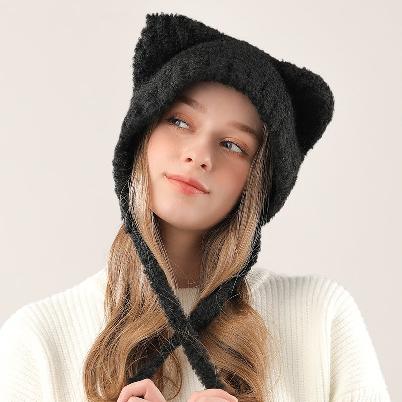 Cute Bear Ears Women's Knitted Hat with Earmuffs