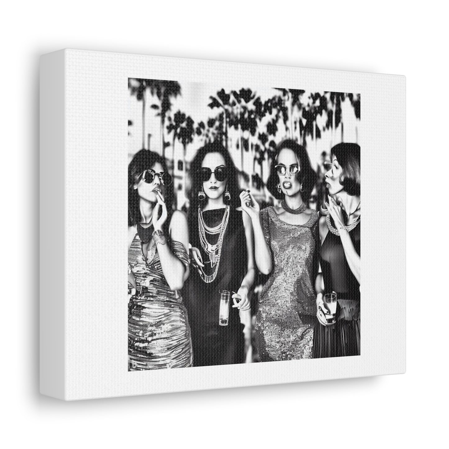 1970s French Women in Cannes Nightclub Black and White Photorealism Designed By AI on Canvas