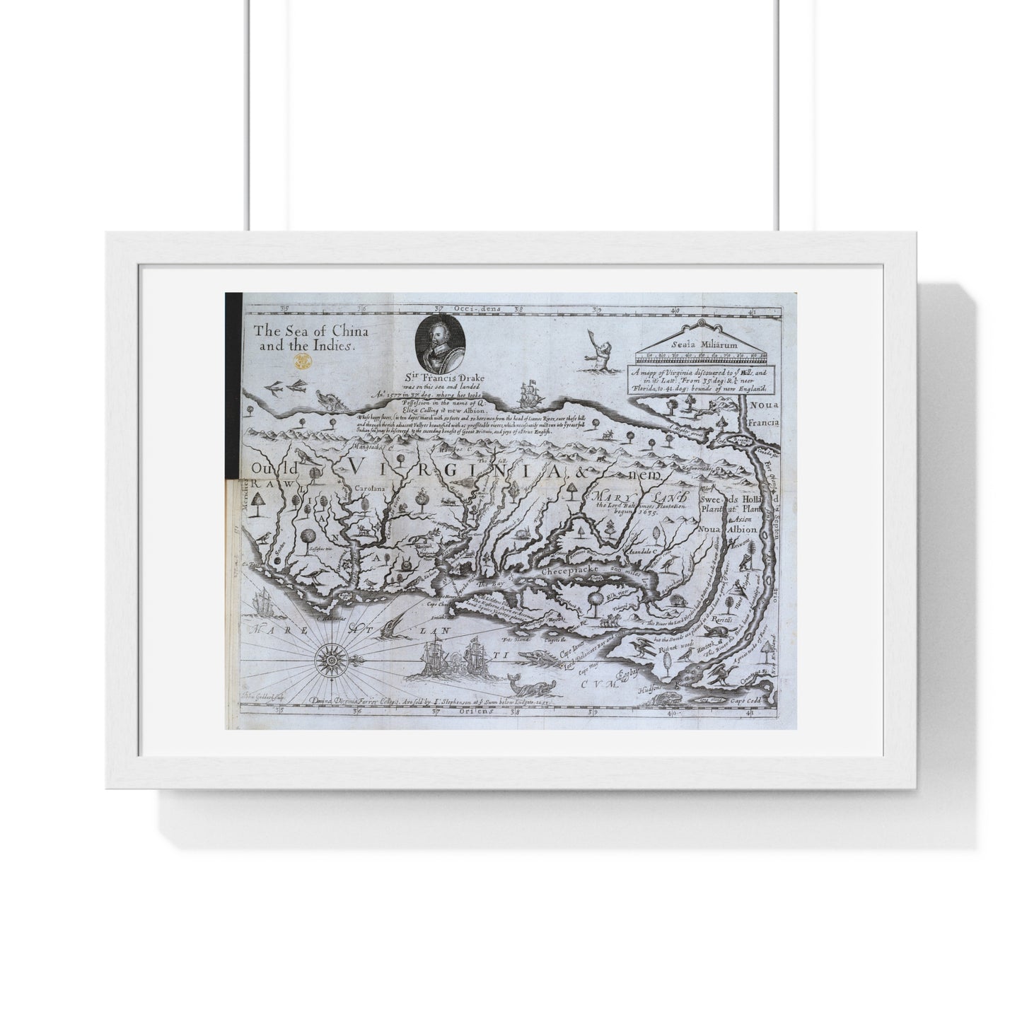 Antique Map of Virginia 'The Discovery of New Brittaine' (1651) from the Original Drake Manuscript, Framed Print